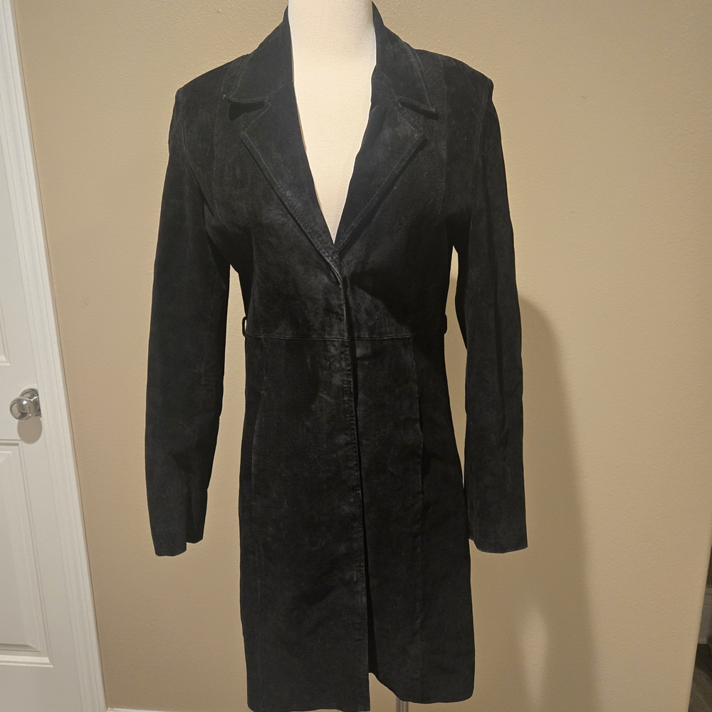 Elegant Vintage Black Women's Leather Suade Coat